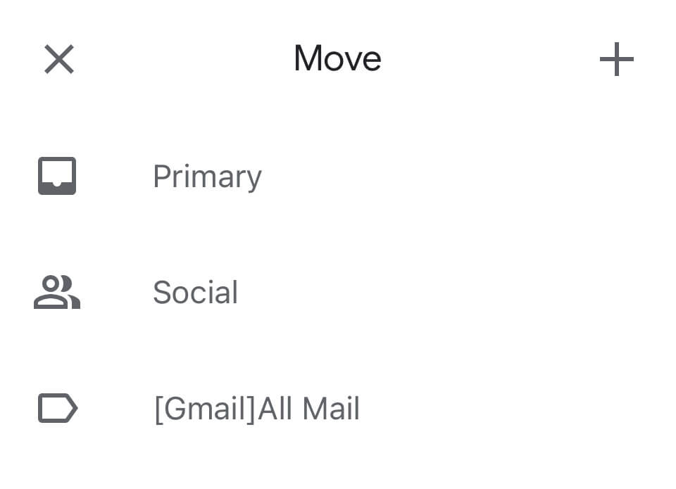 Screenshot of the Gmail app move to menu